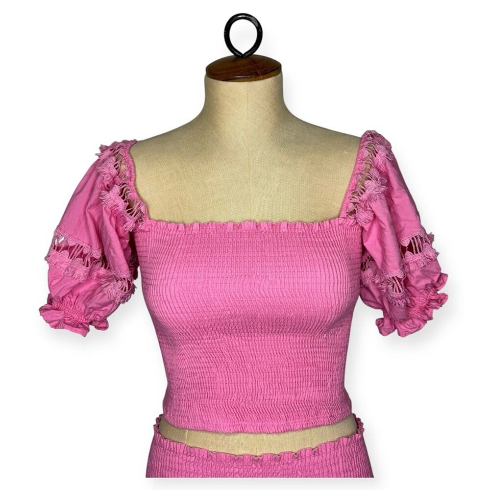 Peixoto Revolve shirred top in pink short sleeves women's size Large